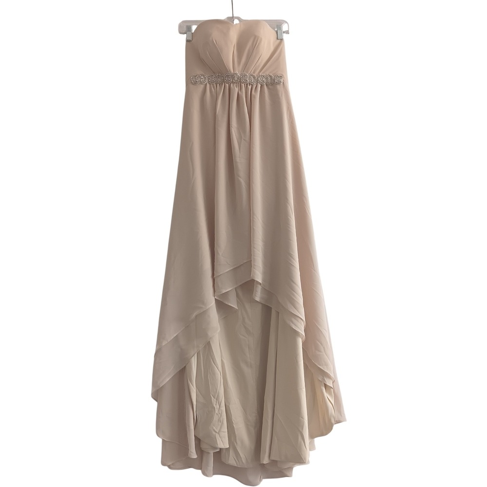 Chiffon Strapless Hi-Low Gown Women Size 2 Beige NWT Rhinestone Corset Back
